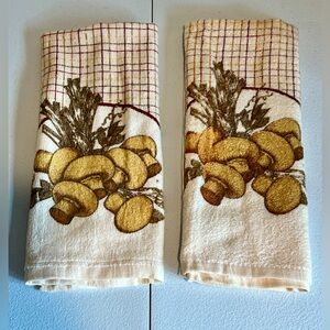 Pair 2 FRANCO Vtg Mushroom Kitchen Hand Dish Towels Groovy Retro 60s 70s Brown